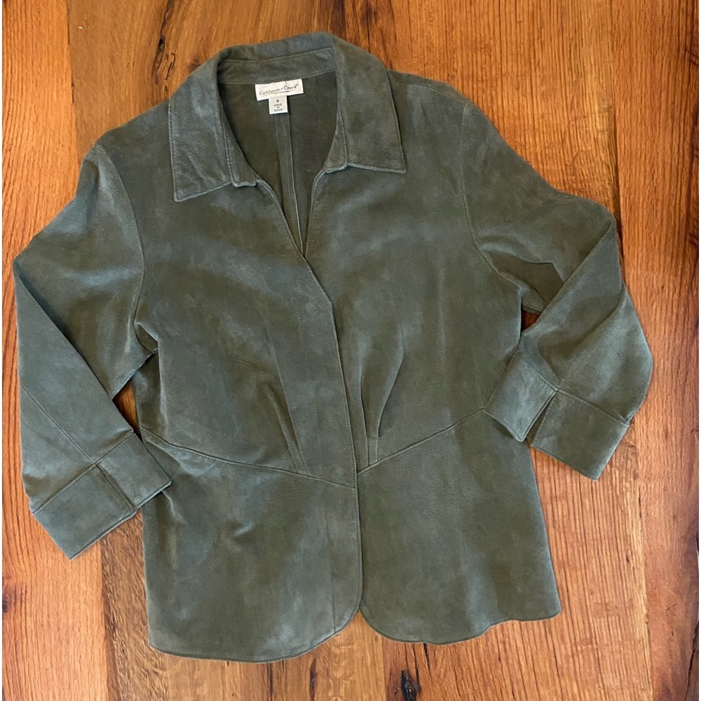 Coldwater Creek Moss Green Leather Jacket, Snap Front, Pleating, Size Small